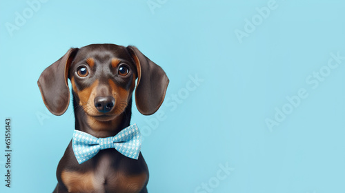 Cute dark dachshund with ribbon on blue background with copyspace