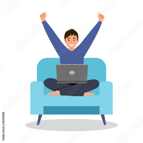 Man happy and successful with his work in flat design on white background.