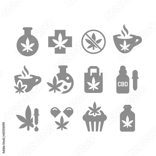 Hemp, cannabis and marijuana usage vector icons. CBD, medical cannabidiol and oil drops icon set.