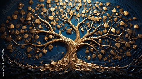 Tree of Life Artwork. Golden abstract tree on blue canvas, dark blue night shower by moonlight 