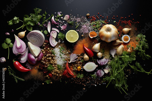 Raw vegetables, spices and herb