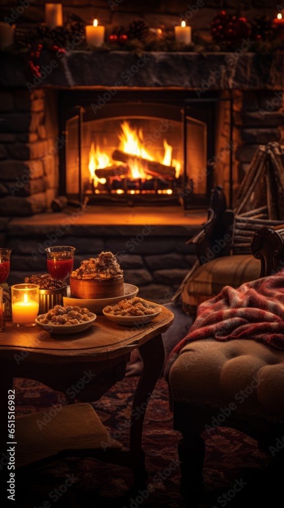Christmas atmosphere with a fireplace and candles. Stylish New Year's atmosphere. Generative AI