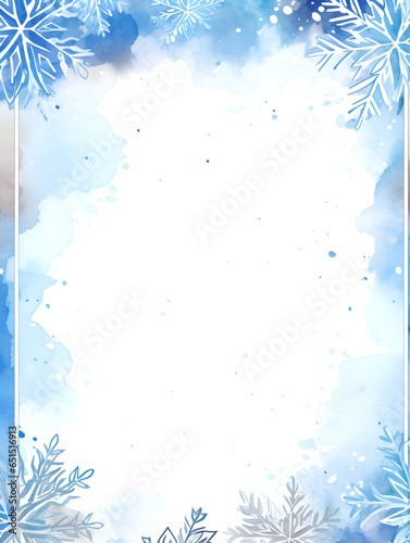 Blue watercolor snowflakes frame background with white copy space inside 