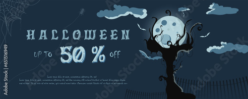 Halloween night traditional Sales Promotion Poster. Dark sky and spiders on a blue Moon background design vector illustration.