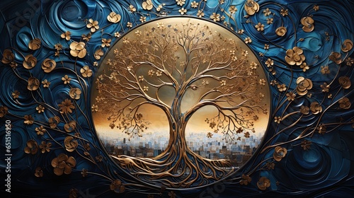 Tree of Life Artwork. Golden abstract tree on blue canvas, dark blue night shower by moonlight
