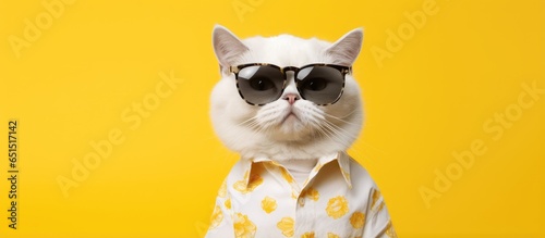 A white British cat wearing sunglasses and a shirt posing in a sunny summer concept on a yellow background