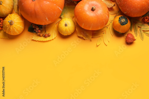 Autumn composition with ripe pumpkins and natural forest decor on color background