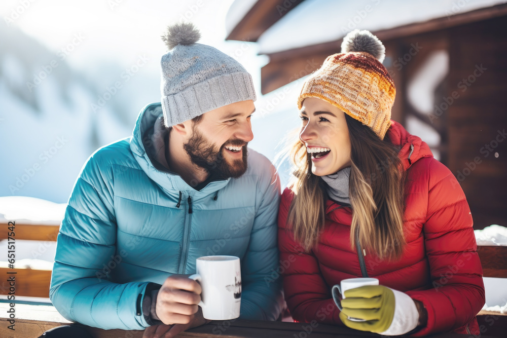 Happy young couple having fun and drinking hoot tea at ski resort , winter holiday concept - obrazy, fototapety, plakaty 