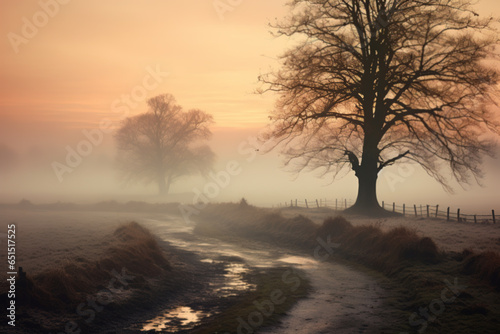 Foggy european landscape in late autumn or early winter