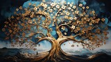 Sacred tree of life symbol abstract decoration crafted from wood. Blue Night moonlight shower. Postproducted digital illustration. 
