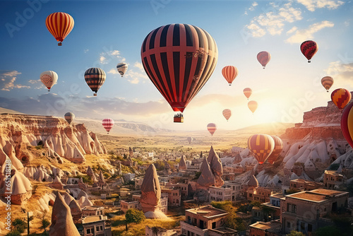 Panoramic view with Colorful hot air balloons fly in sky