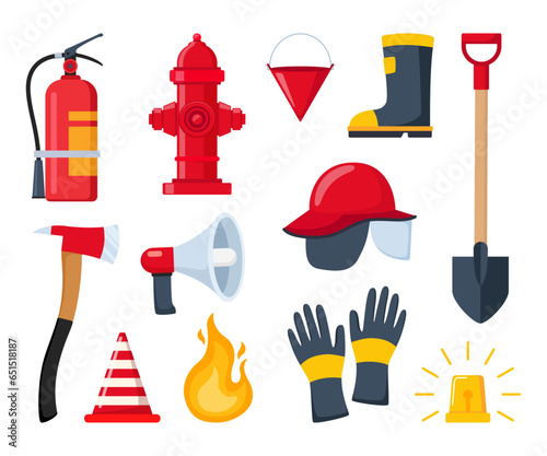 Firefighter emergency equipment set. Axe, hose, hydrant, extinguisher, safety traffic cone, spade fireman tools. Portable firefighter equipment for protection from flame spread. Vector illustration.