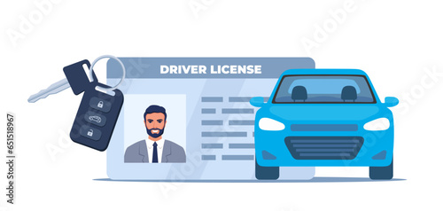 Car driver license identification with photo, keys and car. Vector illustration.
