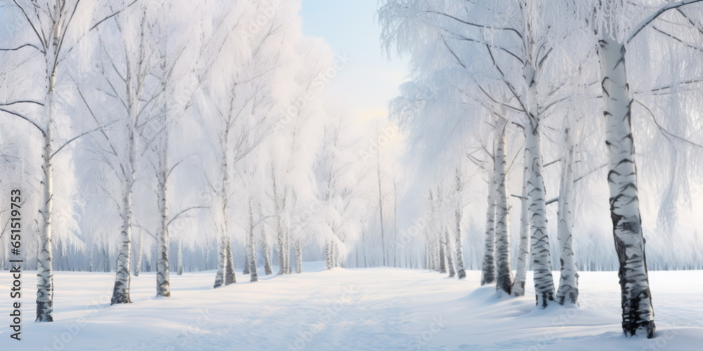 Painting of a winter landscape with snowy birch trees in the park Painting of a winter landscape with snowy birch trees in the park