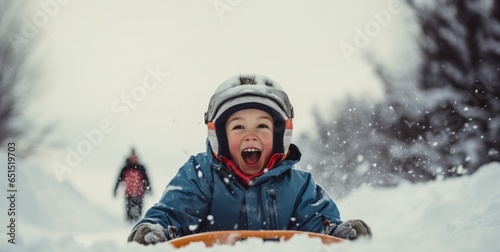 A satisfied child rides a sled with pleasure. Generative AI photo