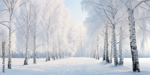 Painting of a winter landscape with snowy birch trees in the park