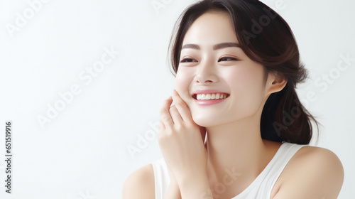 Young and beautiful woman smiling with her glowing skin. Spa and cosmetology concept.
