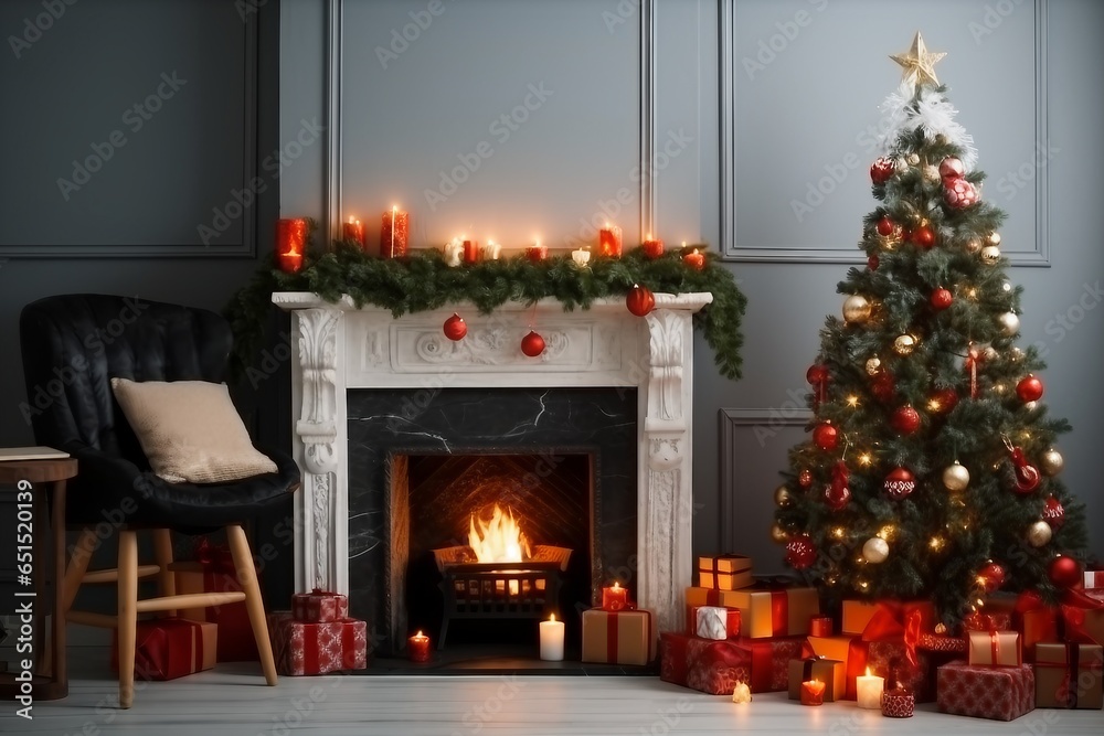 Interior of living room with fireplace, presents and Christmas tree. generative ai. Interior of living room with fireplace, presents and Christmas tree. generative ai.