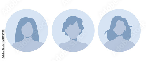 Woman empty avatars set. Default photo placeholder for social networks, resumes, forums and dating sites. Male and female no photo images for unfilled user profile. Vector illustration.