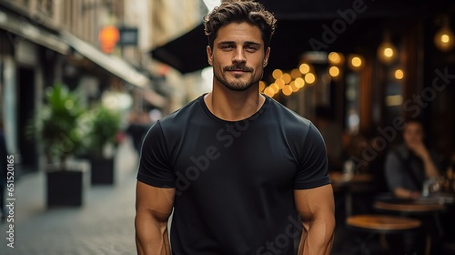 Male model in a classic black T-shirt on a city street