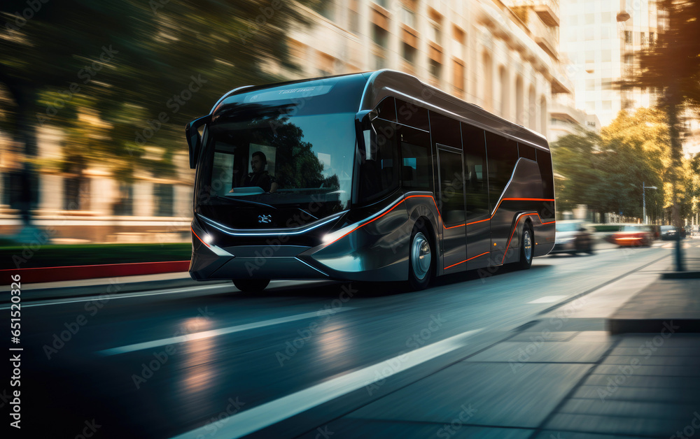 EV bus on a city street with blur motion effect. Generative AI