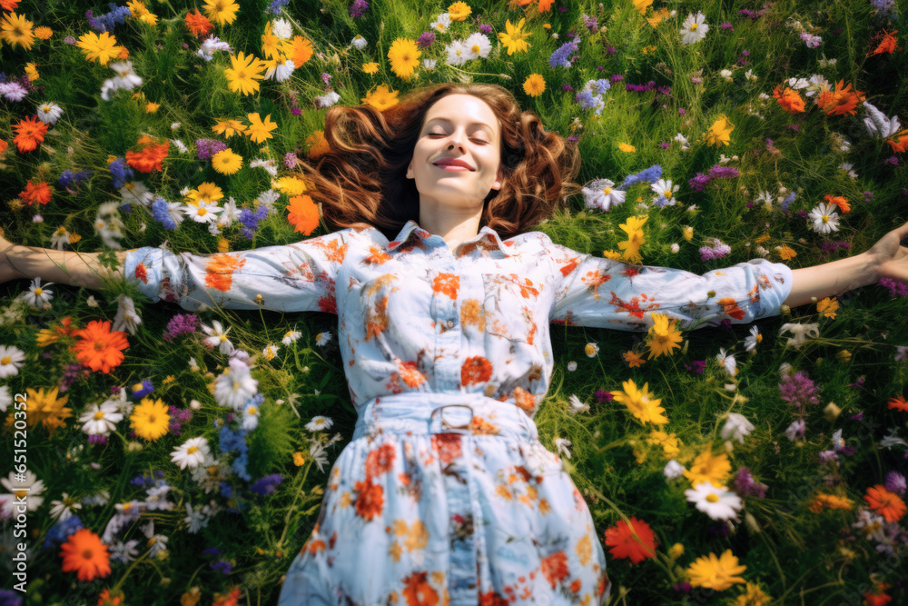 Beautiful young woman lying in the field with daisy flowers Stock Photo ...