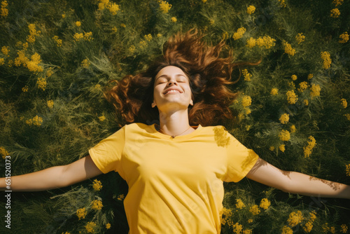 Beautiful young woman lying in the field with daisy flowers