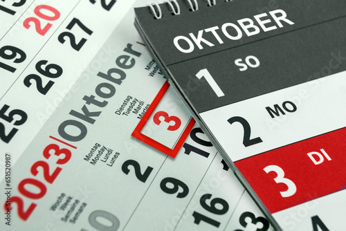 Tag der Deutschen Einheit mit Kalender und Datum 3. Oktober 2023 photo