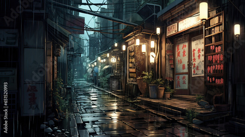 Rain-soaked alleyway; anime cat waiting under a lantern, surrounded by manga comic strips, lo-fi melodies echoing. AI generative