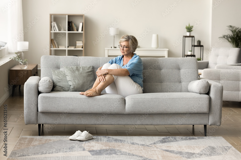 Depressed older retired woman sitting on sofa at cozy modern home, looking away in deep thoughts, staring into vacancy, thinking on depression, apathy, loneliness, remembering Depressed older retired woman sitting on sofa at cozy modern home, looking away in deep thoughts, staring into vacancy, thinking on depression, apathy, loneliness, remembering