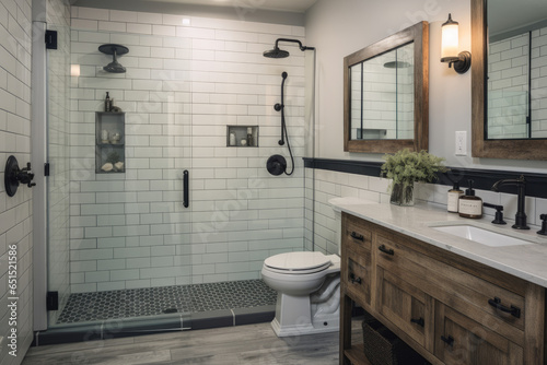 An elegantly modern farmhouse bathroom featuring subway tile, rustic wood accents, cozy lighting, and functional storage for a contemporary and minimalist interior renovation. photo