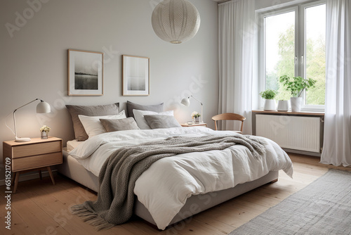 A serene and spacious Scandinavian minimalist bedroom  exuding elegance with calming accents  featuring clean and functional white furniture  natural wood tones  and uncluttered decor.