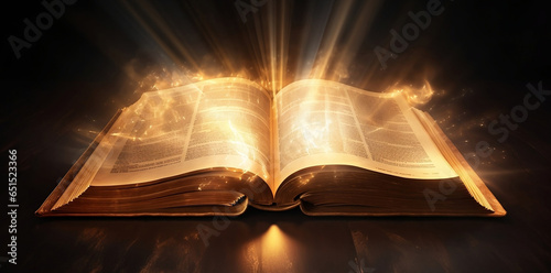 Golden book old open antique book over wooden table with  gold glitter sparkfly light overlay on dark background.Illustration Ai.