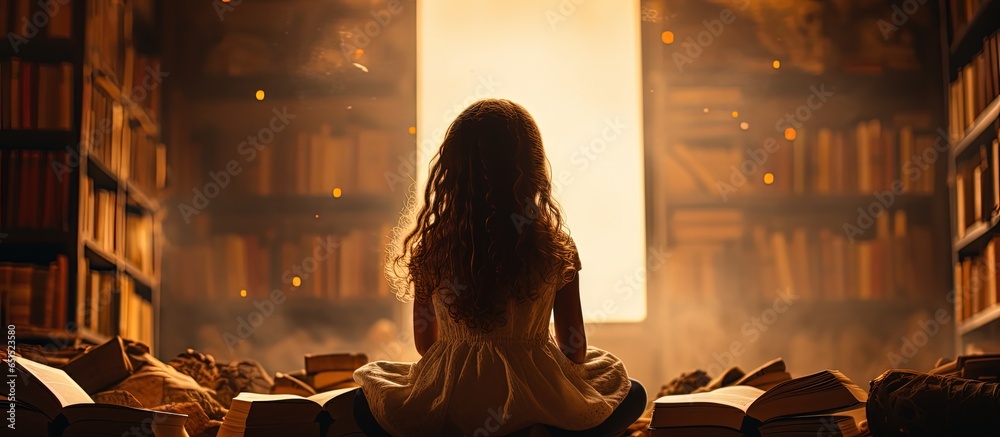 Silhouetted introvert girl immersed in books on World Knowledge Day - obrazy, fototapety, plakaty 