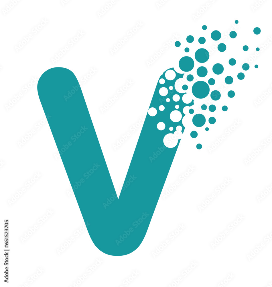 Dispersing alphabet V isolated on white background. Vector Illustrator.
