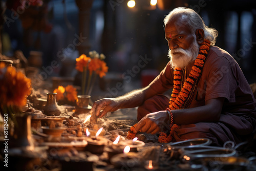 Hindu priest conducting intricate worship services