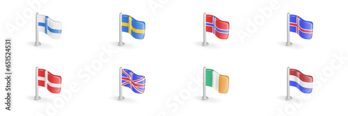 3D flag of Finland, Sweden, Norway, Iceland, Denmark, Great Britain, England, Ireland, Netherlands. Realistic vector icon set Northern Europe