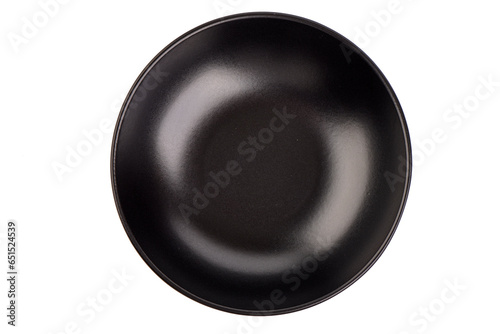 Top view of empty black plate isolated on white background.