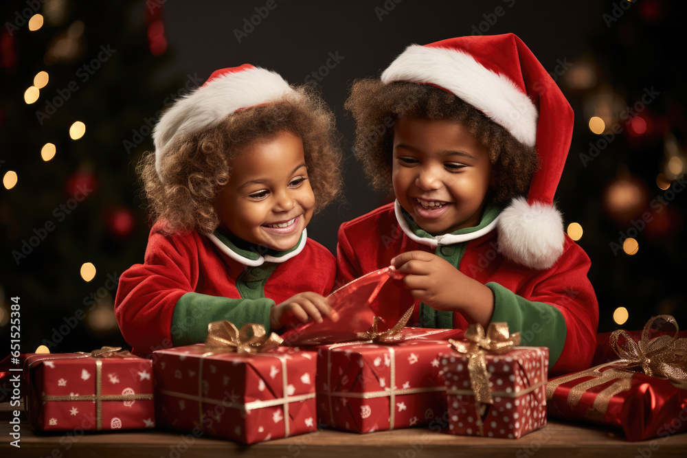Wonder and excitement on the child's face as they unwrap the gift from Santa Claus, revealing the joyous surprise inside