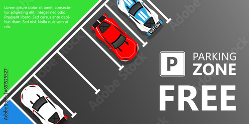 Free car parking illustration. Cars asphalt texture with parking lines row and abstract text on blue background. EPS 10 vector
