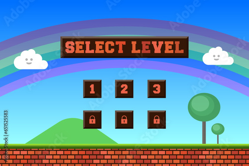 Arcade adventure game level select screen with grass terrain, sky, clouds, buttons with numbers, locks and select level bar vector