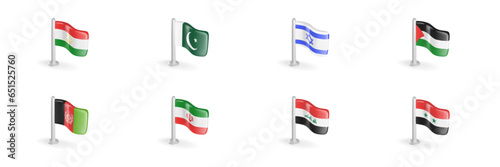 3D flag of Tajikistan, Pakistan, Israel, Palestine, Afghanistan, Iran, Iraq, Syria. Realistic vector icon set Southwest Asia
