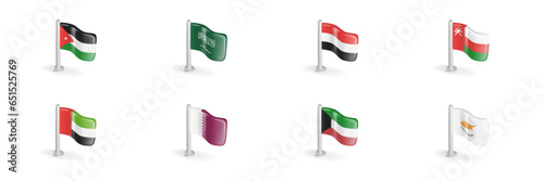 3D flag of Jordan, Saudi Arabia, Yemen, Oman, United Arab Emirates, Qatar, Kuwait, Cyprus. Realistic vector icon set Arab countries