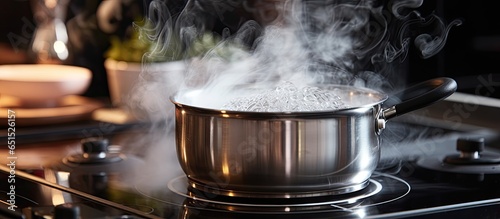 Boiling water on an electric stove in the kitchen selective focus