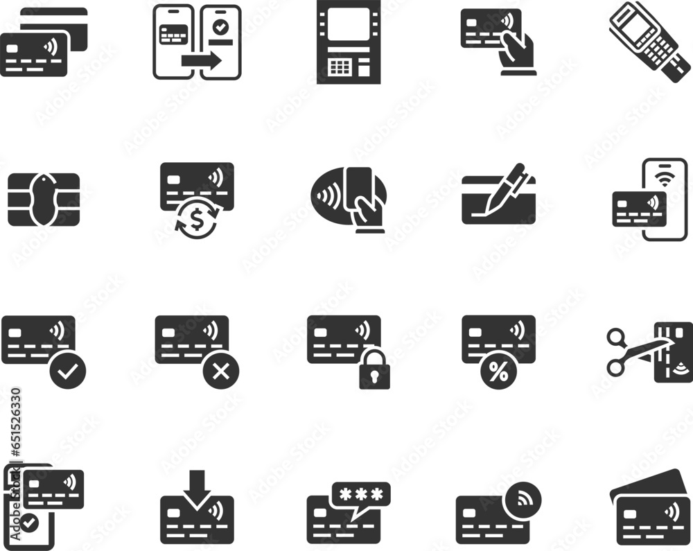 Vector set of credit card flat icons. Contains icons money transfer, card replenishment, chip, ATM, payment, cash back and more. Pixel perfect. Vector set of credit card flat icons. Contains icons money transfer, card replenishment, chip, ATM, payment, cash back and more. Pixel perfect.