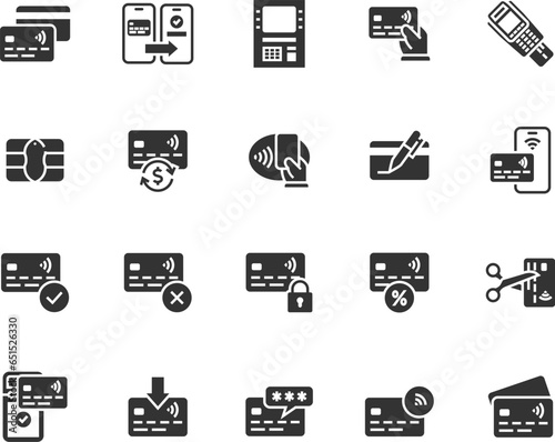 Vector set of credit card flat icons. Contains icons money transfer, card replenishment, chip, ATM, payment, cash back and more. Pixel perfect.
