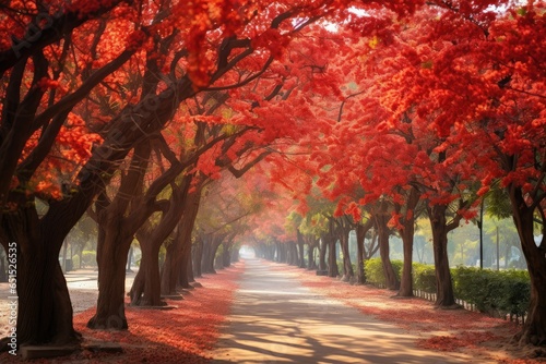 Beautiful red tree alley in the park in autumn, wonderland, peaceful pathway, maple trees, red flower trees landscape, krishnochura, royal poinciana or flamboyant trees at park
