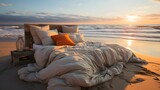 Cozy bed with pillow on the sunset beach
