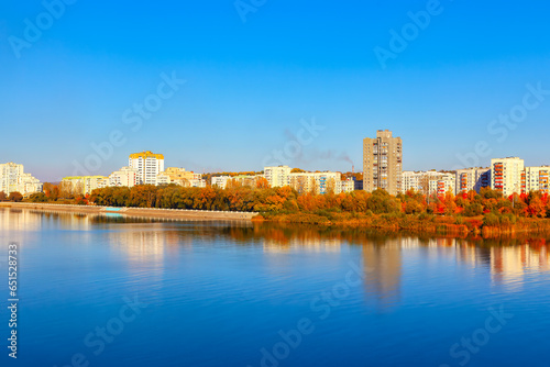 Coastal city in the autumn . City houses along the riverbank. Rybnitsa is a town in Transnistria in Moldova