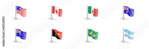 3D flag of America, Canada, Mexico, Australia, New Zealand, Papua New Guinea, Brazil, Argentina. Realistic vector icon set North America and South America